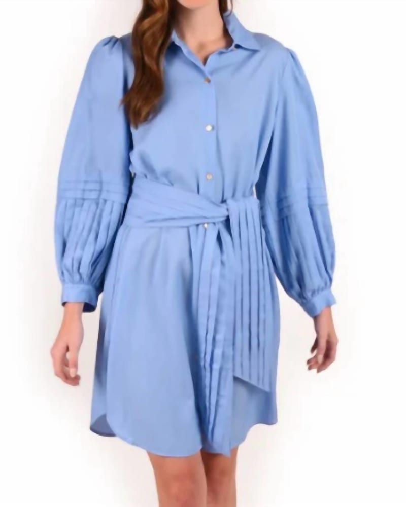 Front of a model wearing a size LARGE Oxford Dress in Chambray in Chambray by Emily McCarthy. | dia_product_style_image_id:335854